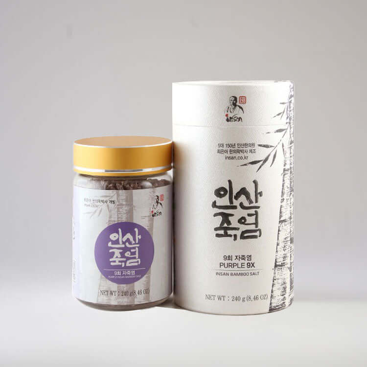 INSAN Bamboo Salt Ultimate Purple 9X 240g jar and packaging showcasing natural minerals for health benefits.