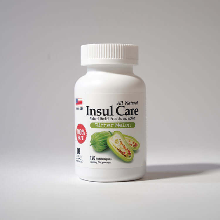 Insul Care Bitter Melon dietary supplement bottle with 120 capsules at $135.00, promoting liver, immune, and eye care.