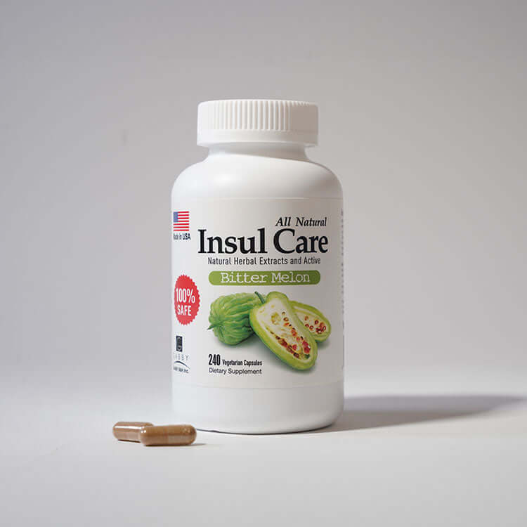 Insul Care Bitter Melon dietary supplement bottle with 240 capsules labeled 100% safe and all natural.