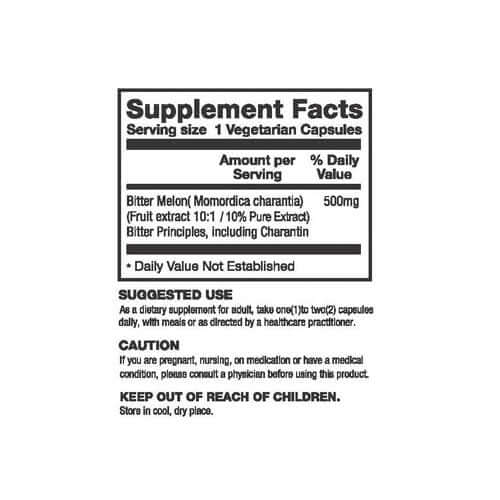 Supplement facts label for Insul Care dietary supplement featuring Bitter Melon extract, serving size, and usage guidance.
